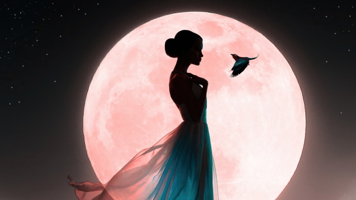 Woman and bird against a large pink moon