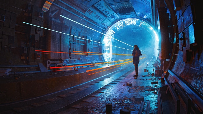Man in futuristic tunnel with light streaks
