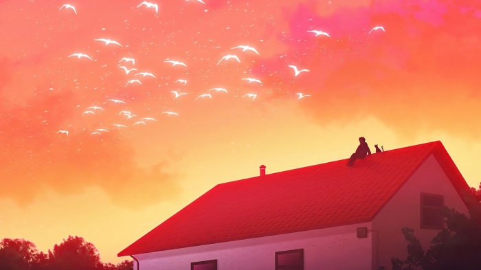 Silhouette of a person and cat on a rooftop with birds flying in a sunset sky
