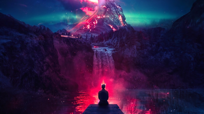 Man with horns by waterfall and volcano 4K