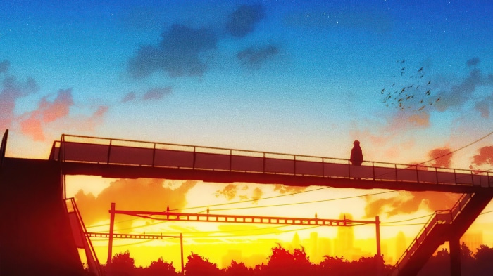 Silhouette of a person on a bridge at sunset