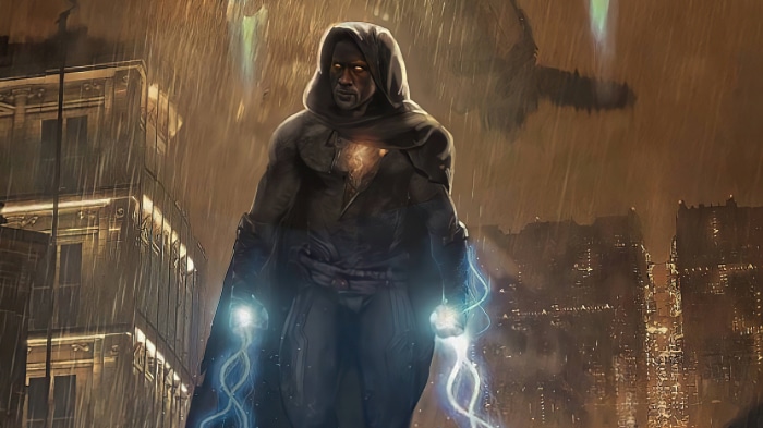 Black Adam in a hooded cloak with lightning powers