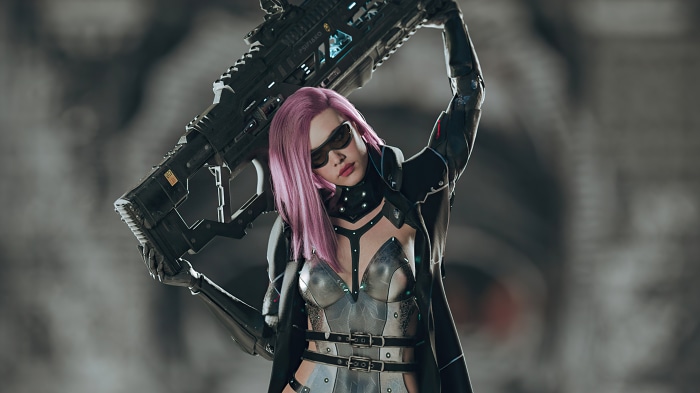 Woman with pink hair holding a futuristic rifle