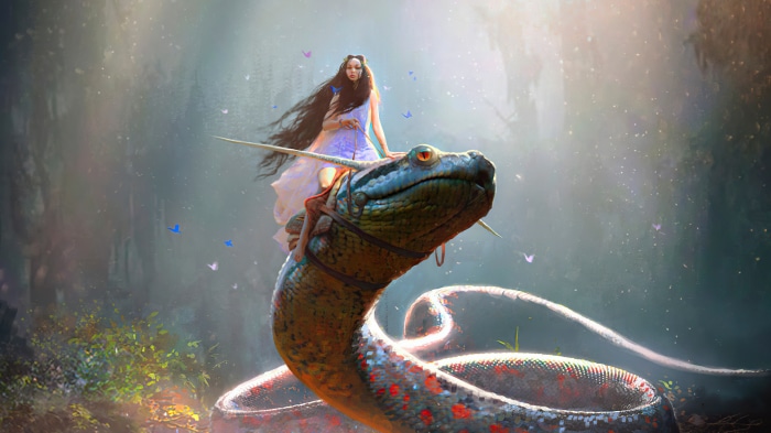 Girl riding a snake in a forest