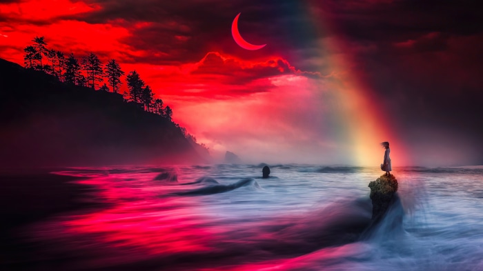 Digital art of a girl and a crescent moon