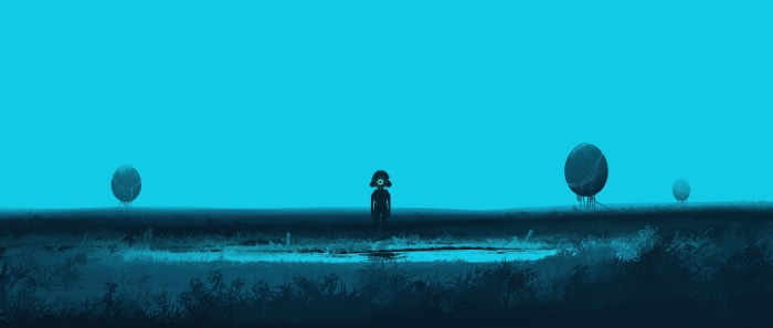 A lone figure stands in a desolate landscape with alien structures