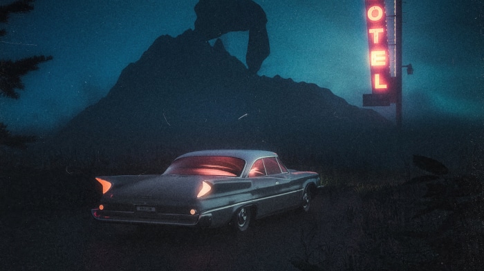 Vintage car parked near a neon "HOTEL" sign at night