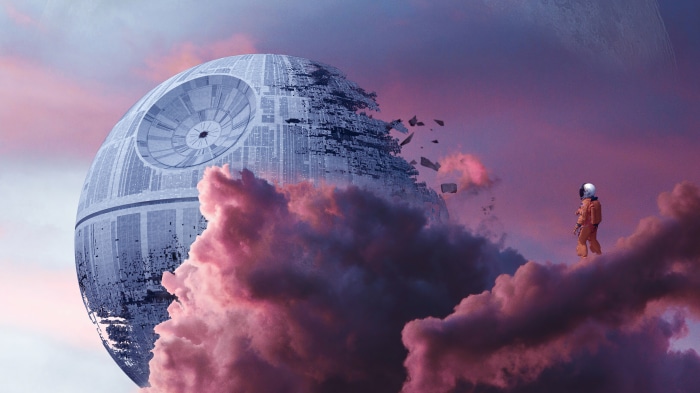 Astronaut near a damaged Death Star in space