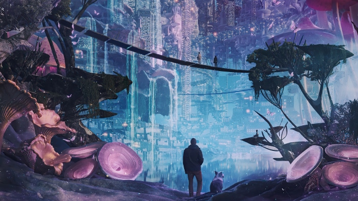 Futuristic Cityscape with Figures on Bridge