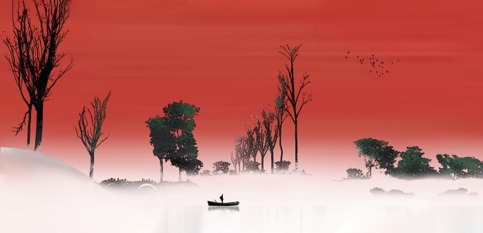 Digital art of a boat with a person on a lake at sunset