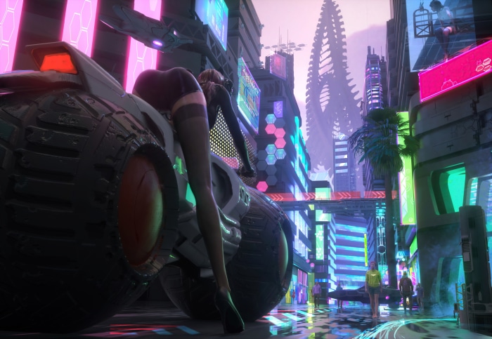 Woman on a futuristic vehicle in a neon city