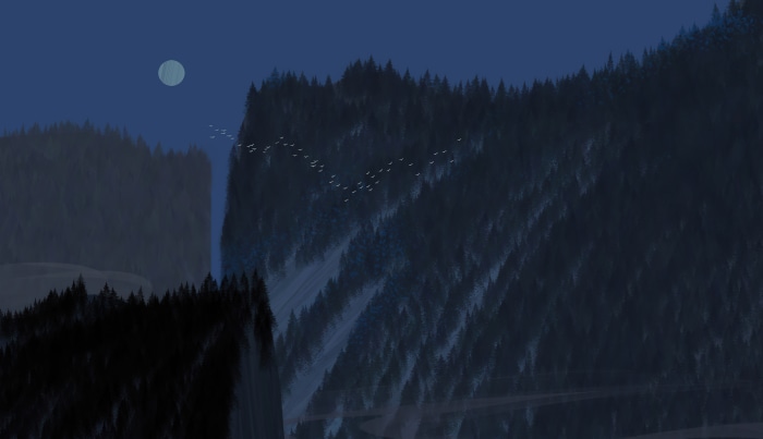 Digital art of a moonlit mountain landscape with birds
