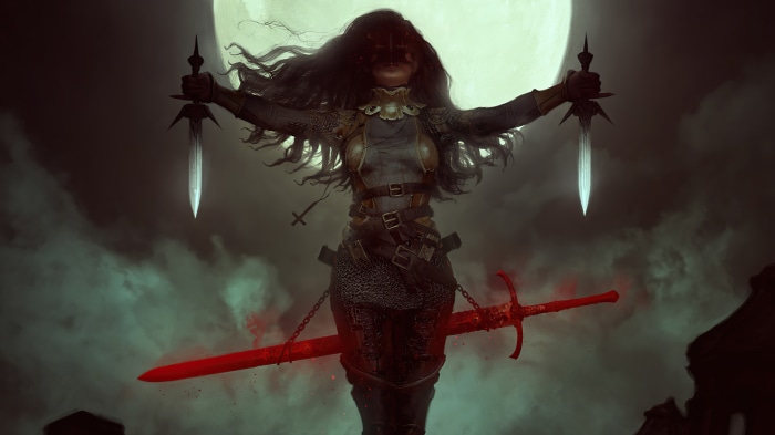 Woman with swords and bloody sword