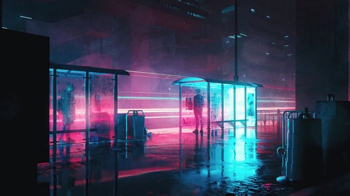 Cyberpunk bus stop at night with rain