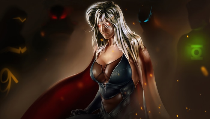 Artwork of a female character with white hair and glowing eyes