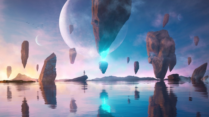 Floating islands in a surreal landscape with a person