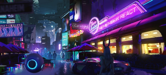 Cyberpunk City Street with Neon Signs and Figures