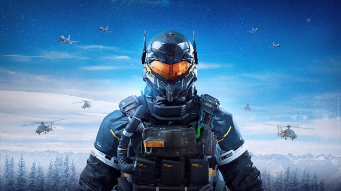 Soldier in futuristic armor with helicopters and jets in snowy mountains