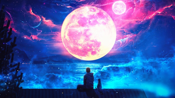 Digital Art of a Person and Cat Under a Pink Moon