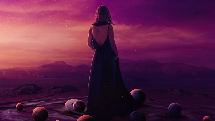 Woman in a dress on an alien planet with planets