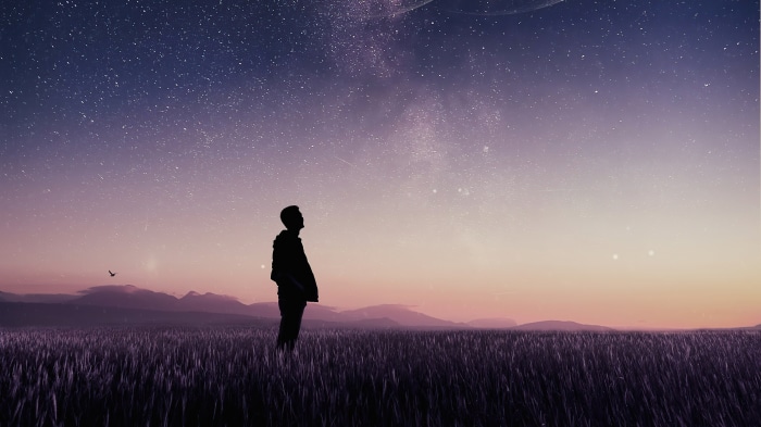 Man standing in a field under a starry sky