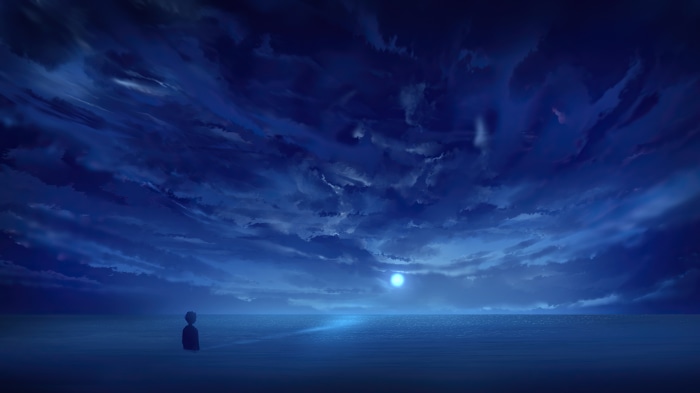 Person standing in water under a cloudy night sky