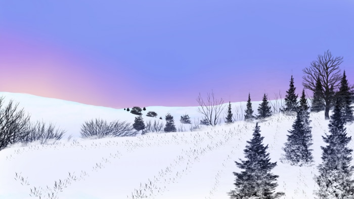 Winter landscape with snow-covered hills and trees