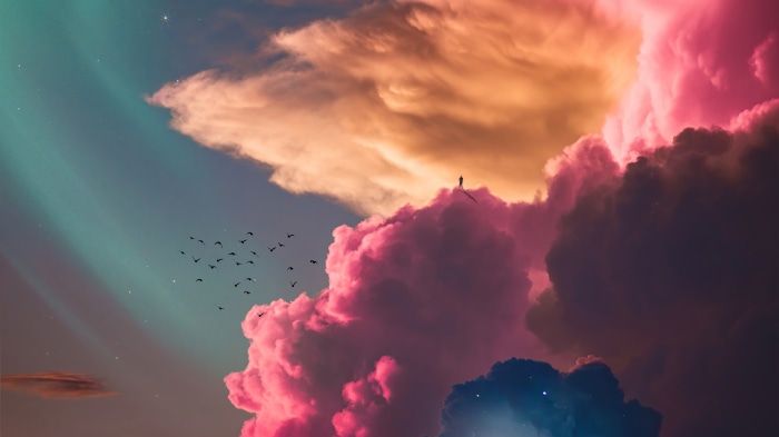 Man standing on clouds with aurora and birds