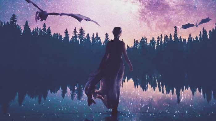 Daenerys Targaryen with dragons over a lake