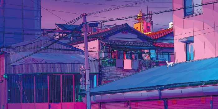 Cat on a rooftop in a neon city
