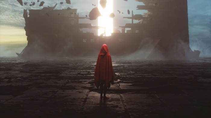 Figure in red hood facing a glowing portal in ruined landscape
