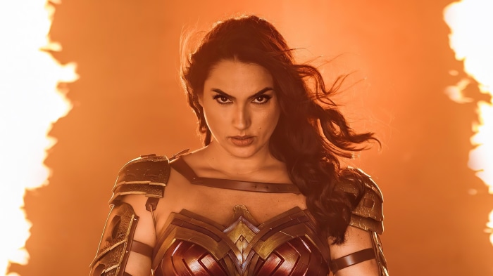 Wonder Woman in front of flames