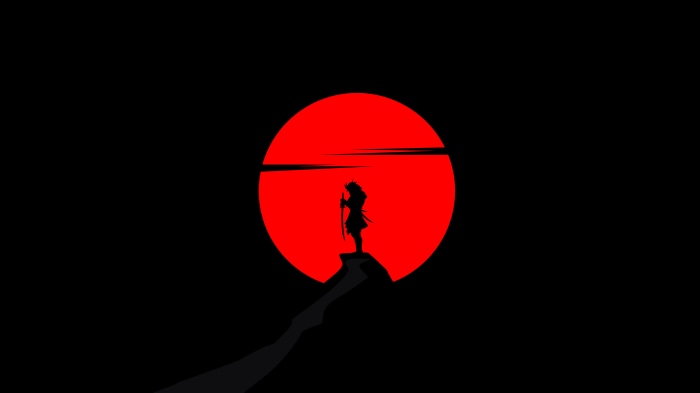 Samurai silhouette against a red sun