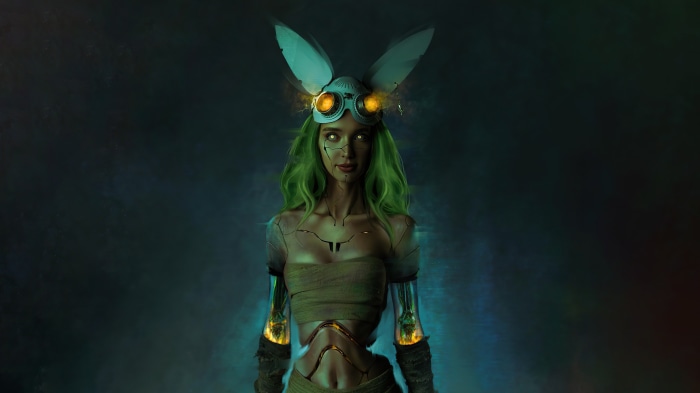 Cyborg woman with green hair and bunny ears