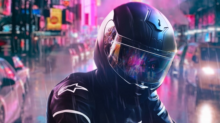 Biker in helmet in rainy city at night, digital art 4K