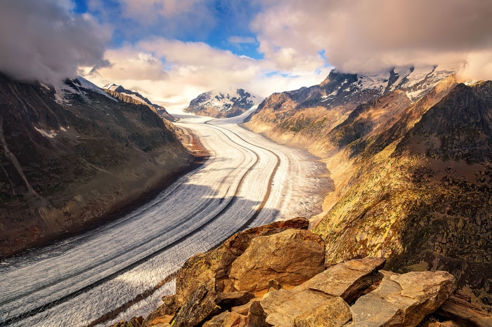 Aletsch Glacier in the Swiss Alps at Sunset