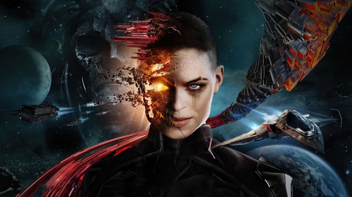 Woman with exploding face in space with ships