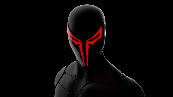 Black superhero with red glowing mask
