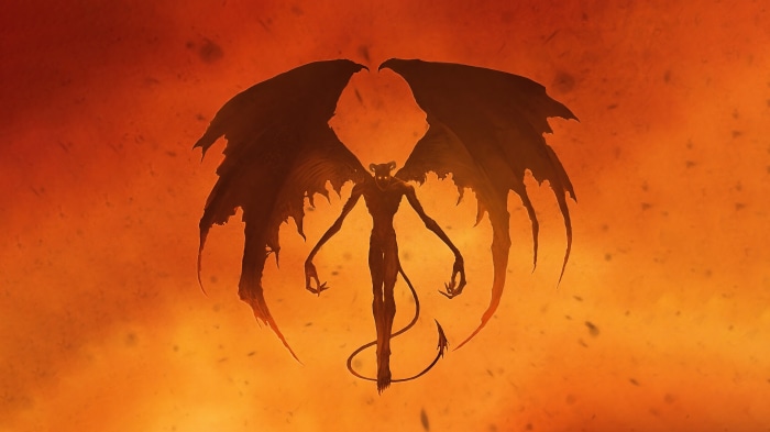 Silhouette of a winged demon against an orange background
