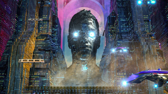 Scifi cityscape with giant robot head and flying vehicles
