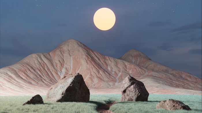 Rocky alien landscape with a large moon