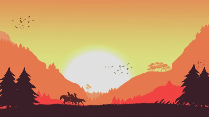 Minimalist sunset landscape with two people on horseback