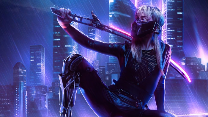 Cyberpunk warrior with sword in rainy city