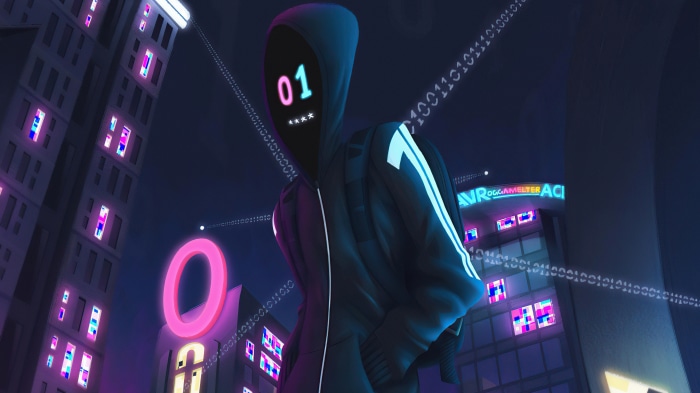 Hacker in a hoodie with binary code and neon city