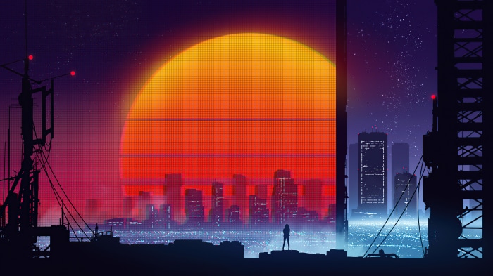 Retrowave city skyline with large sun and silhouette