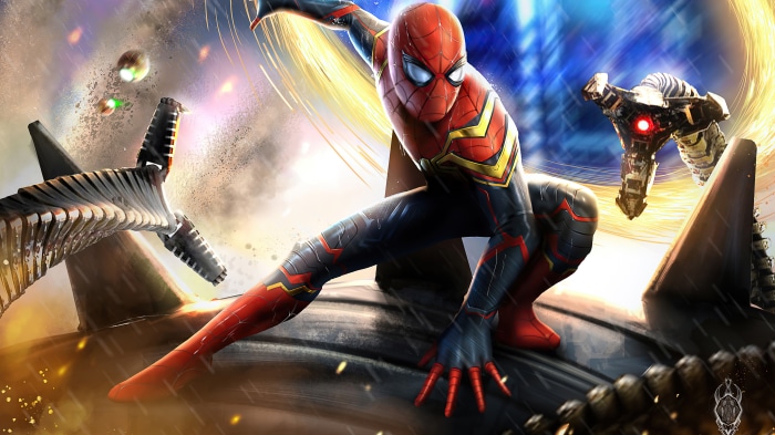 Spider-Man from Spider-Man: No Way Home fighting robots