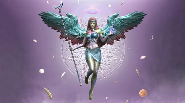 Angel with staff and glowing orb 4K