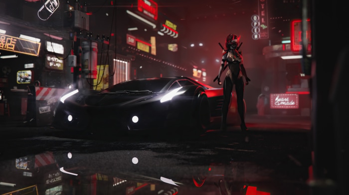 Cyberpunk samurai with a sports car in a neon city