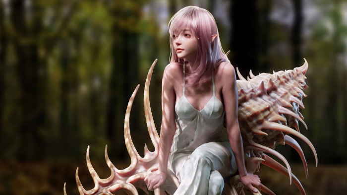 Digital art of an elf girl on a throne