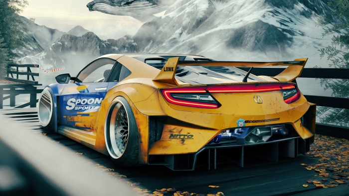 Acura NSX with Spoon Sports livery in a mountain landscape